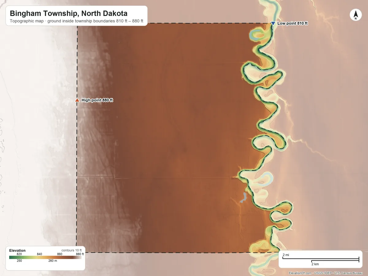 Topographic elevation map of Bingham Township, North Dakota, shaded from 810 ft on the northeast side to 880 ft on the west side