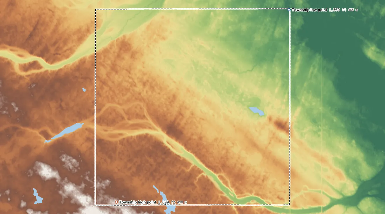 Topographic elevation map of Birtsell Township, North Dakota, shaded from 1,530 ft on the northeast side to 1,600 ft on the southwest side