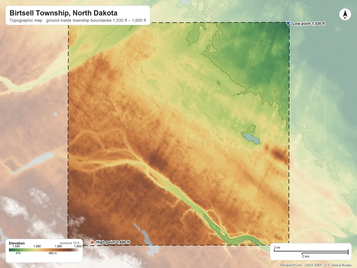 Topographic elevation map of Birtsell Township, North Dakota, shaded from 1,530 ft on the northeast side to 1,600 ft on the southwest side