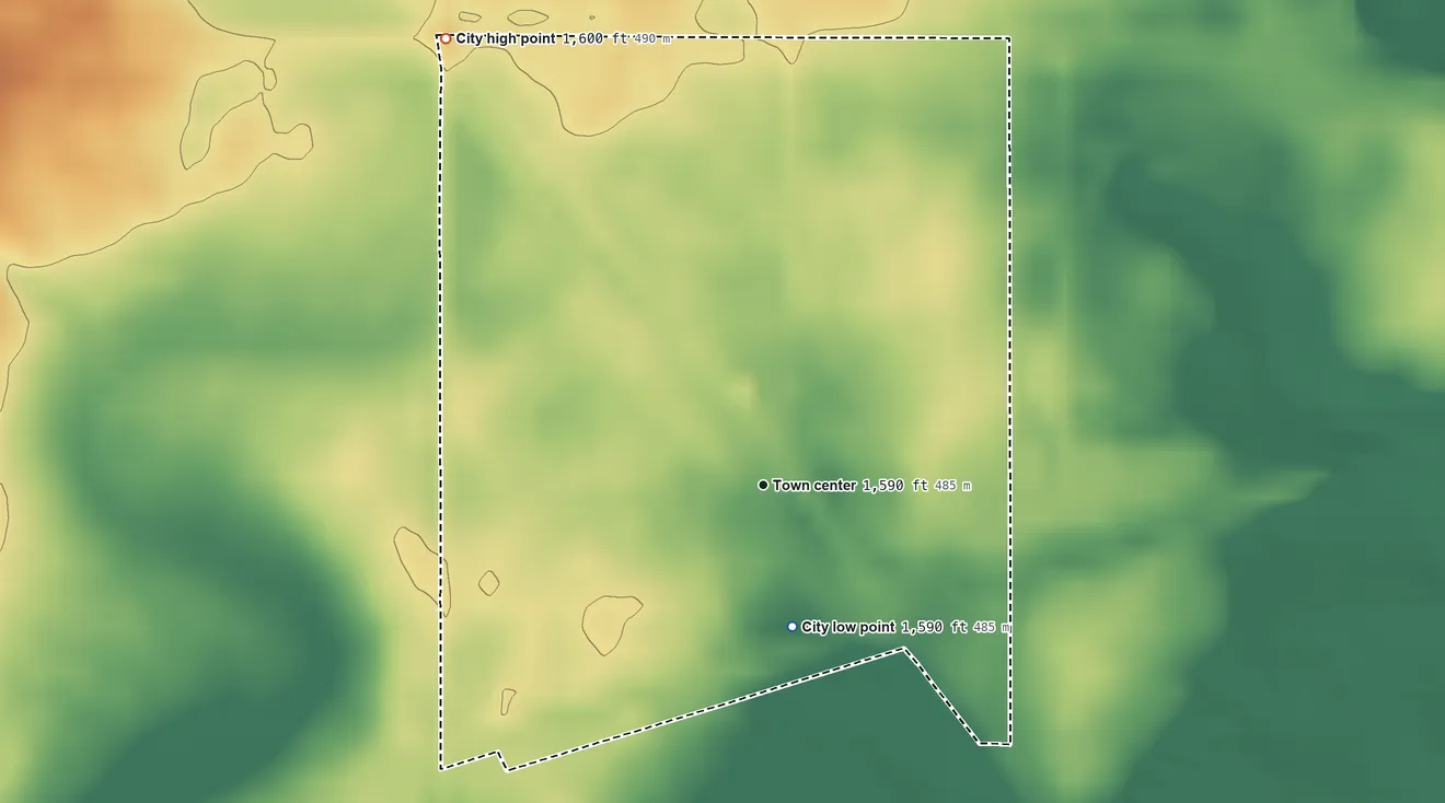 Topographic elevation map of Bisbee, North Dakota, shaded from 1,590 ft on the south side to 1,600 ft on the northwest side