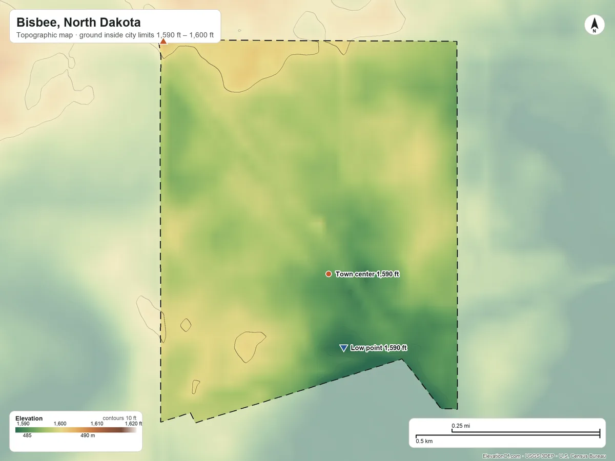Topographic elevation map of Bisbee, North Dakota, shaded from 1,590 ft on the south side to 1,600 ft on the northwest side