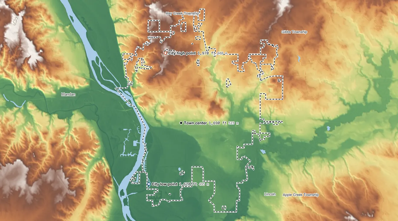 Topographic elevation map of Bismarck, North Dakota, shaded from 1,620 ft on the southwest side to 1,970 ft on the north side