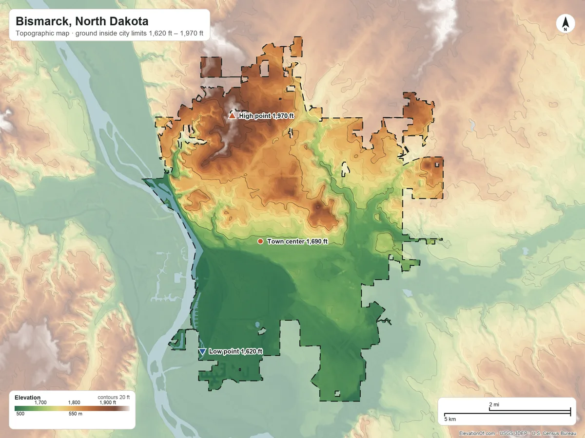 Topographic elevation map of Bismarck, North Dakota, shaded from 1,620 ft on the southwest side to 1,970 ft on the north side