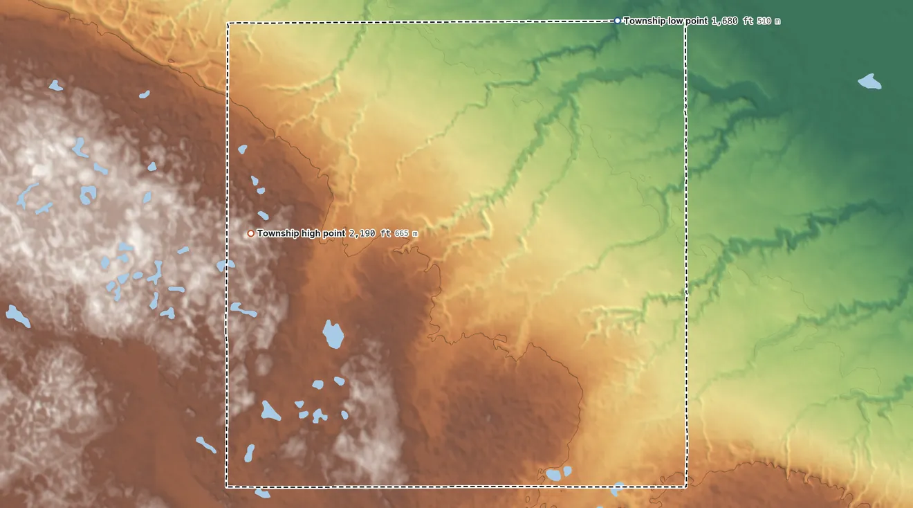 Topographic elevation map of Bjornson Township, North Dakota, shaded from 1,680 ft on the northeast side to 2,190 ft on the west side