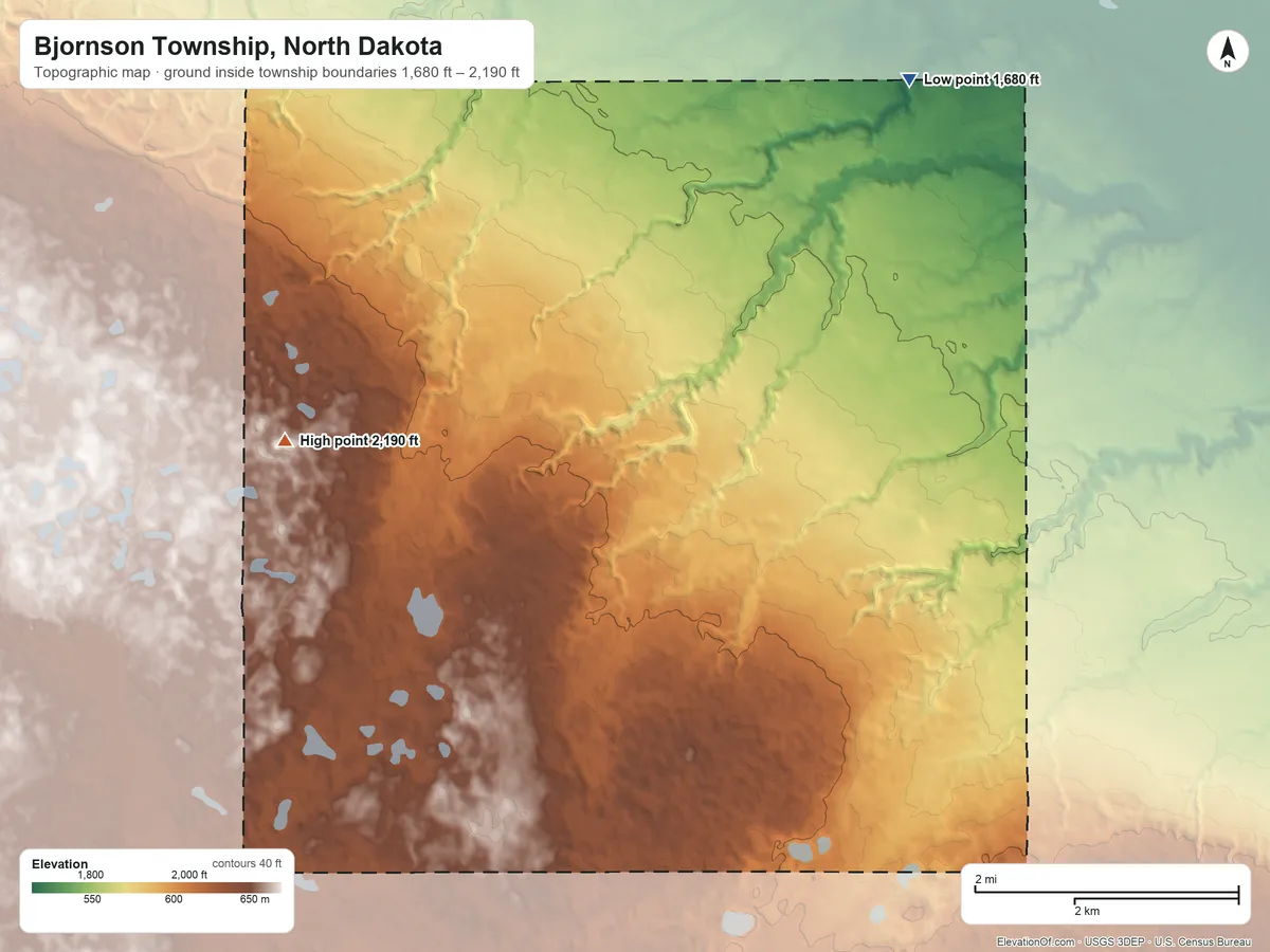 Topographic elevation map of Bjornson Township, North Dakota, shaded from 1,680 ft on the northeast side to 2,190 ft on the west side