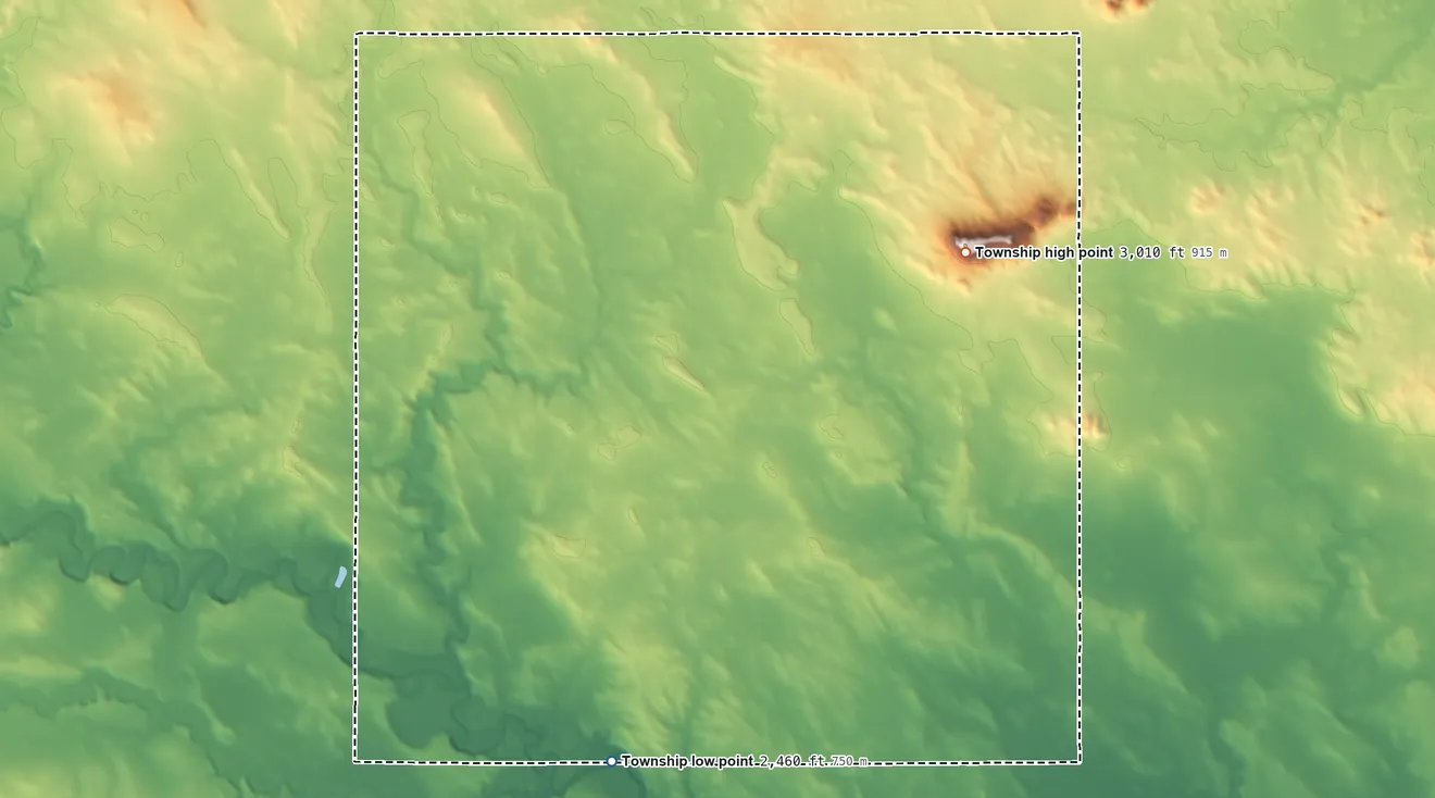 Topographic elevation map of Black Butte Township, North Dakota, shaded from 2,460 ft on the south side to 3,010 ft on Black Butte