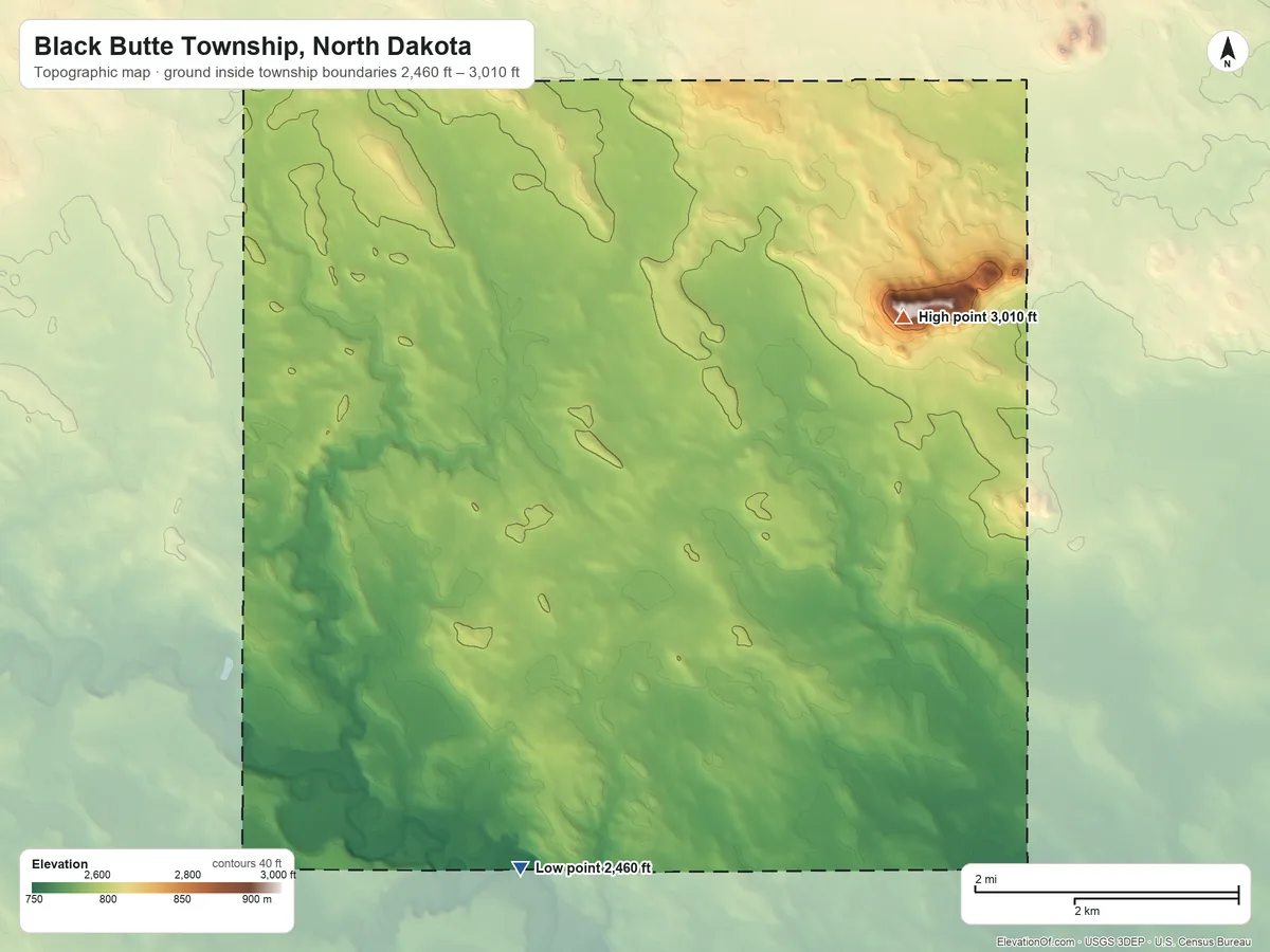 Topographic elevation map of Black Butte Township, North Dakota, shaded from 2,460 ft on the south side to 3,010 ft on Black Butte