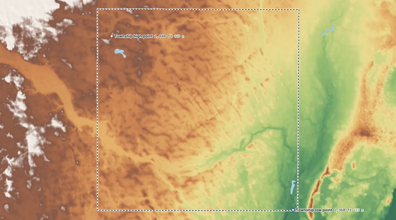 Topographic elevation map of Black Loam Township, North Dakota, shaded from 1,360 ft on the southeast side to 1,440 ft on the northwest side