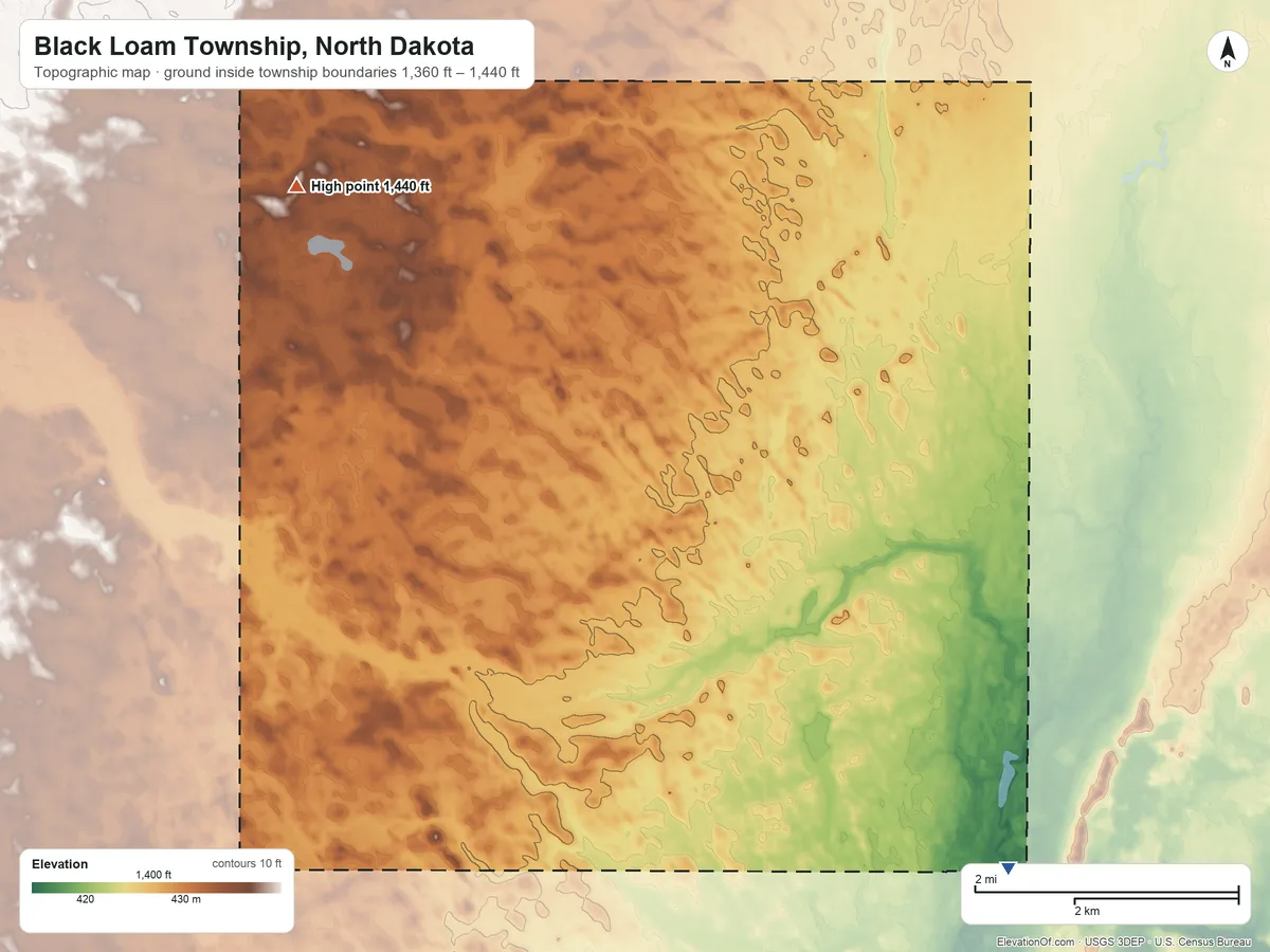 Topographic elevation map of Black Loam Township, North Dakota, shaded from 1,360 ft on the southeast side to 1,440 ft on the northwest side