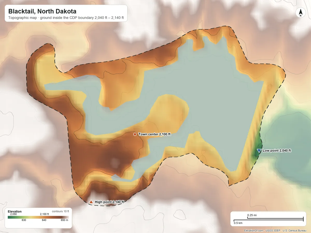 Topographic elevation map of Blacktail, North Dakota, shaded from 2,040 ft on the east side to 2,140 ft on the southwest side