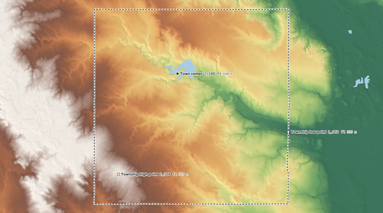 Topographic elevation map of Blacktail Township, North Dakota, shaded from 1,960 ft on the southeast side to 2,380 ft on the southwest side
