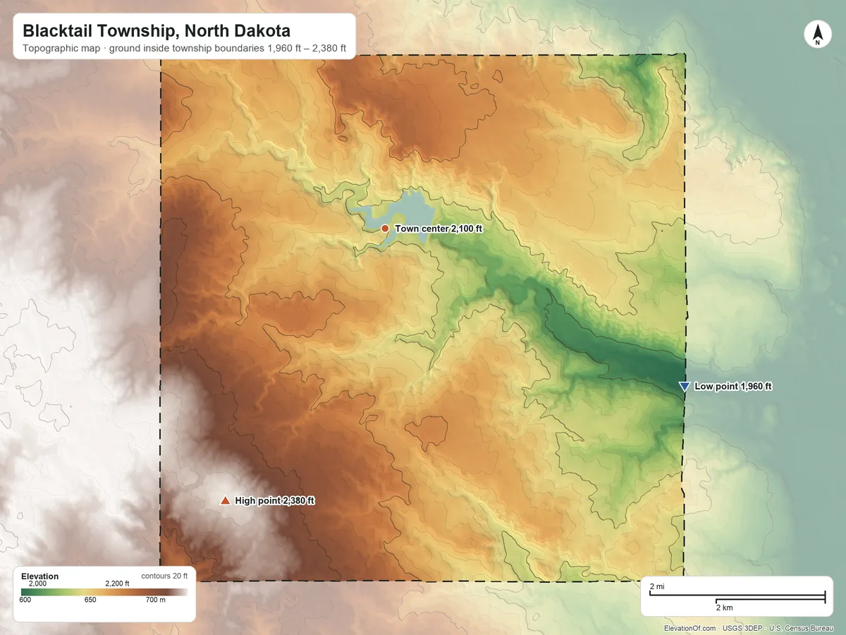Topographic elevation map of Blacktail Township, North Dakota, shaded from 1,960 ft on the southeast side to 2,380 ft on the southwest side