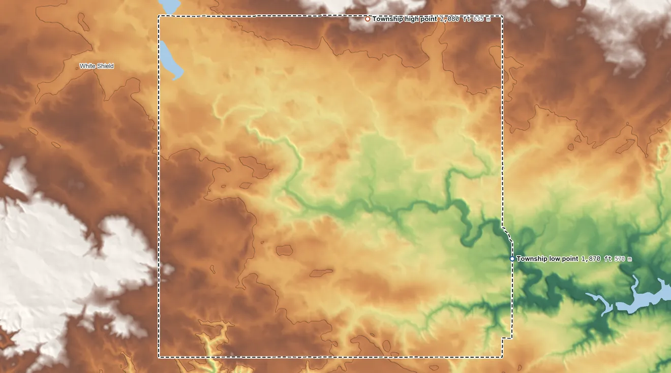 Topographic elevation map of Blackwater Township, North Dakota, shaded from 1,870 ft on the east side to 2,080 ft on the north side