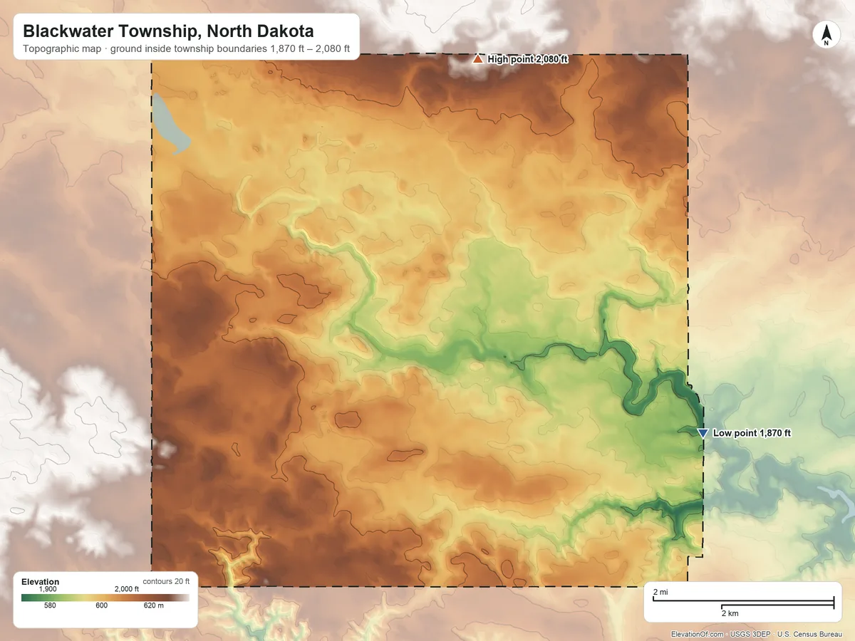 Topographic elevation map of Blackwater Township, North Dakota, shaded from 1,870 ft on the east side to 2,080 ft on the north side