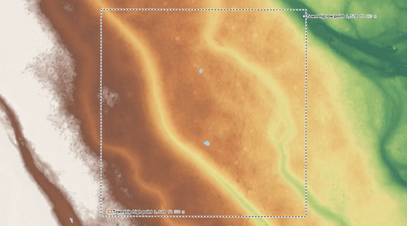 Topographic elevation map of Blaine Township, North Dakota, shaded from 1,520 ft on the northeast side to 1,640 ft on the southwest side