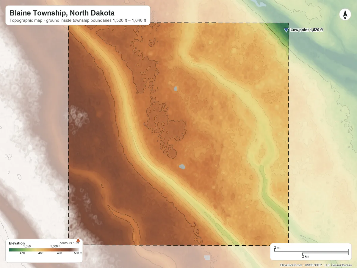 Topographic elevation map of Blaine Township, North Dakota, shaded from 1,520 ft on the northeast side to 1,640 ft on the southwest side