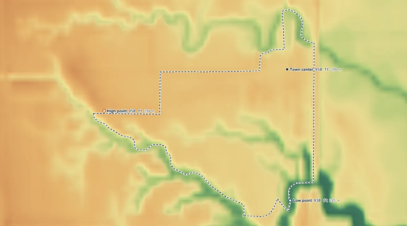 Topographic elevation map of Blanchard, North Dakota, shaded from 930 ft on the south side to 950 ft on the west side