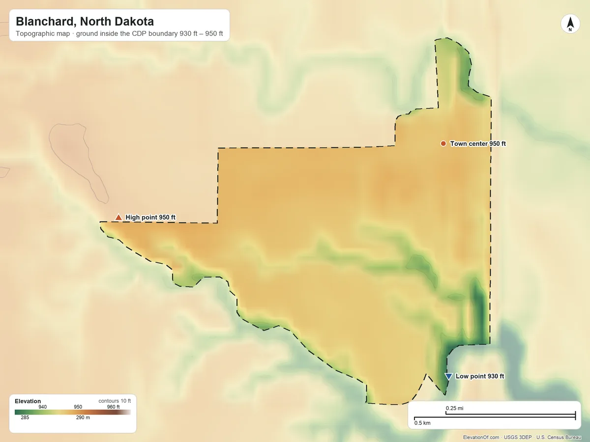 Topographic elevation map of Blanchard, North Dakota, shaded from 930 ft on the south side to 950 ft on the west side