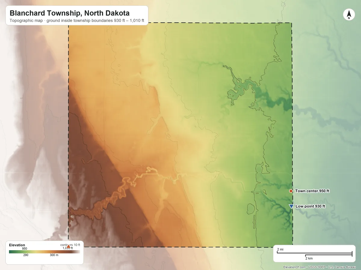 Topographic elevation map of Blanchard Township, North Dakota, shaded from 930 ft near the middle to 1,010 ft on the west side