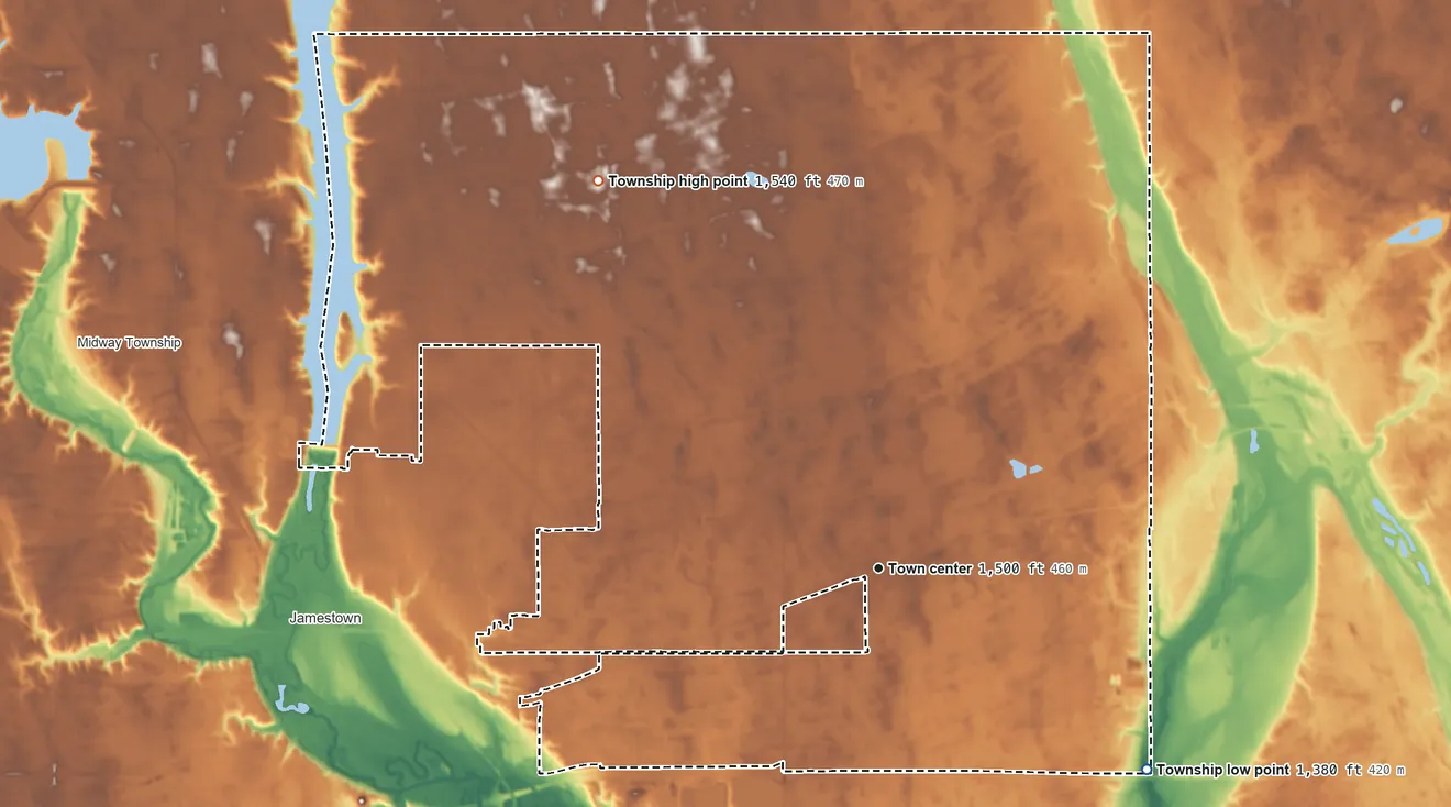 Topographic elevation map of Bloom Township, North Dakota, shaded from 1,380 ft on the southeast side to 1,540 ft on the northwest side
