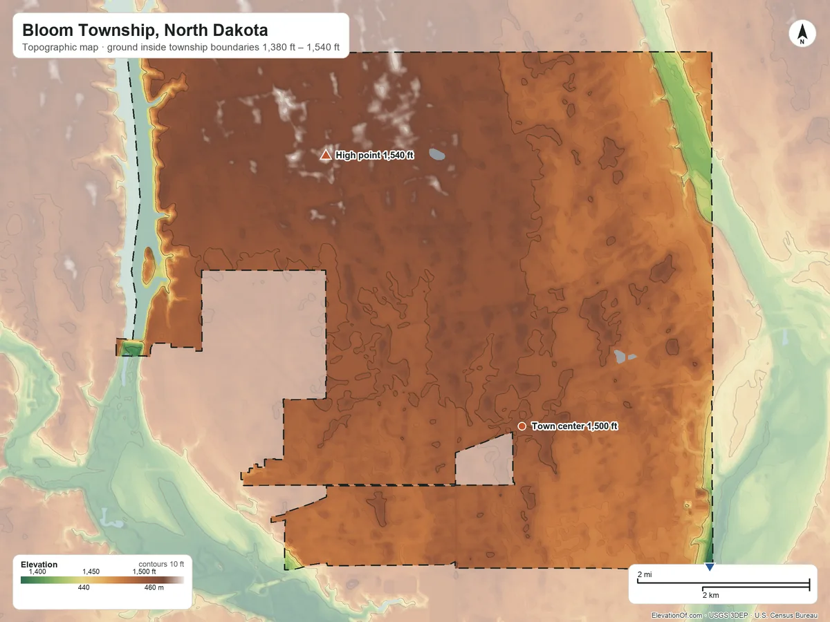 Topographic elevation map of Bloom Township, North Dakota, shaded from 1,380 ft on the southeast side to 1,540 ft on the northwest side