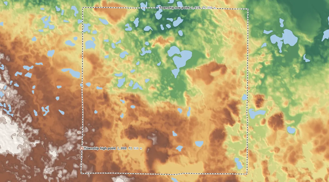 Topographic elevation map of Bloomenfield Township, North Dakota, shaded from 1,810 ft on the north side to 2,000 ft on the southwest side