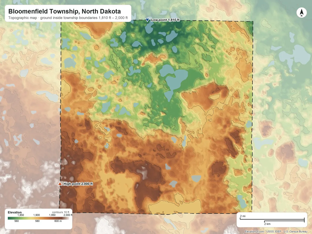 Topographic elevation map of Bloomenfield Township, North Dakota, shaded from 1,810 ft on the north side to 2,000 ft on the southwest side