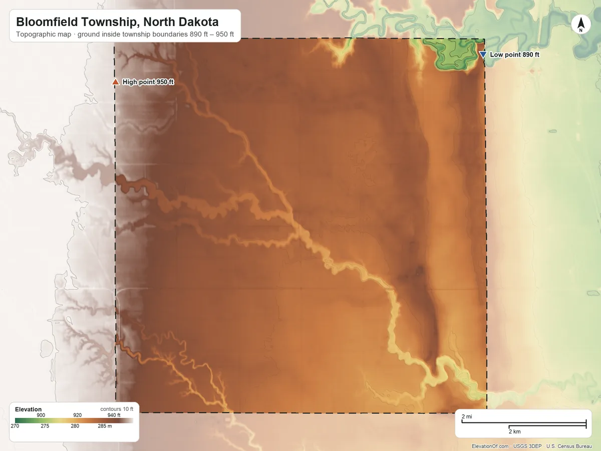 Topographic elevation map of Bloomfield Township, North Dakota, shaded from 890 ft on the northeast side to 950 ft on the west side