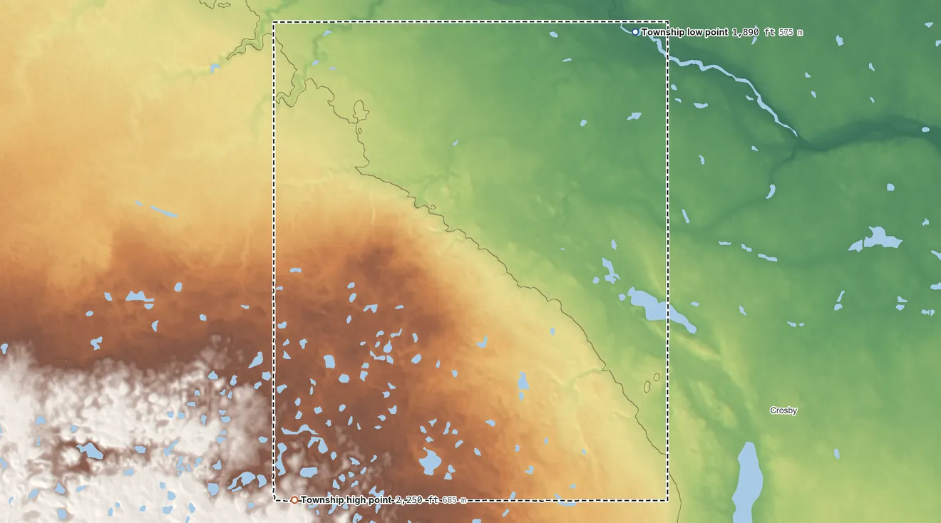 Topographic elevation map of Blooming Prairie Township, North Dakota, shaded from 1,890 ft on the northeast side to 2,250 ft on the southwest side