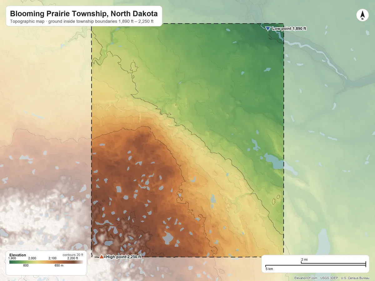 Topographic elevation map of Blooming Prairie Township, North Dakota, shaded from 1,890 ft on the northeast side to 2,250 ft on the southwest side