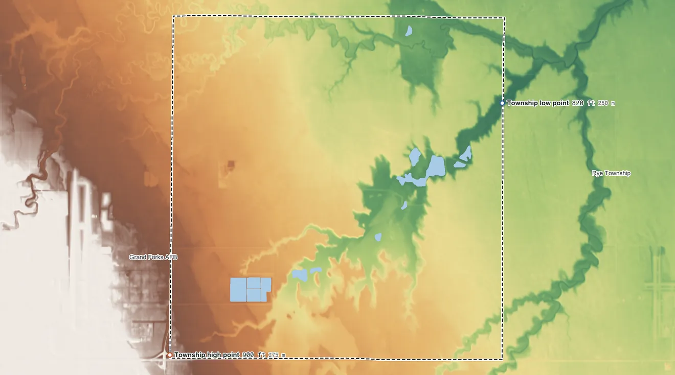 Topographic elevation map of Blooming Township, North Dakota, shaded from 820 ft on the northeast side to 900 ft on the southwest side