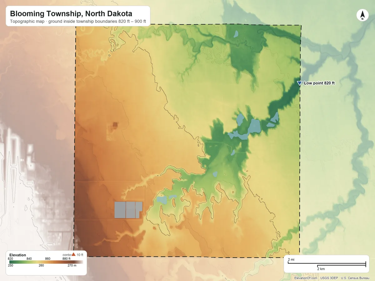 Topographic elevation map of Blooming Township, North Dakota, shaded from 820 ft on the northeast side to 900 ft on the southwest side