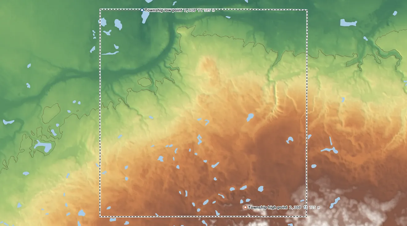 Topographic elevation map of Blooming Valley Township, North Dakota, shaded from 1,910 ft on the north side to 2,380 ft on the east side