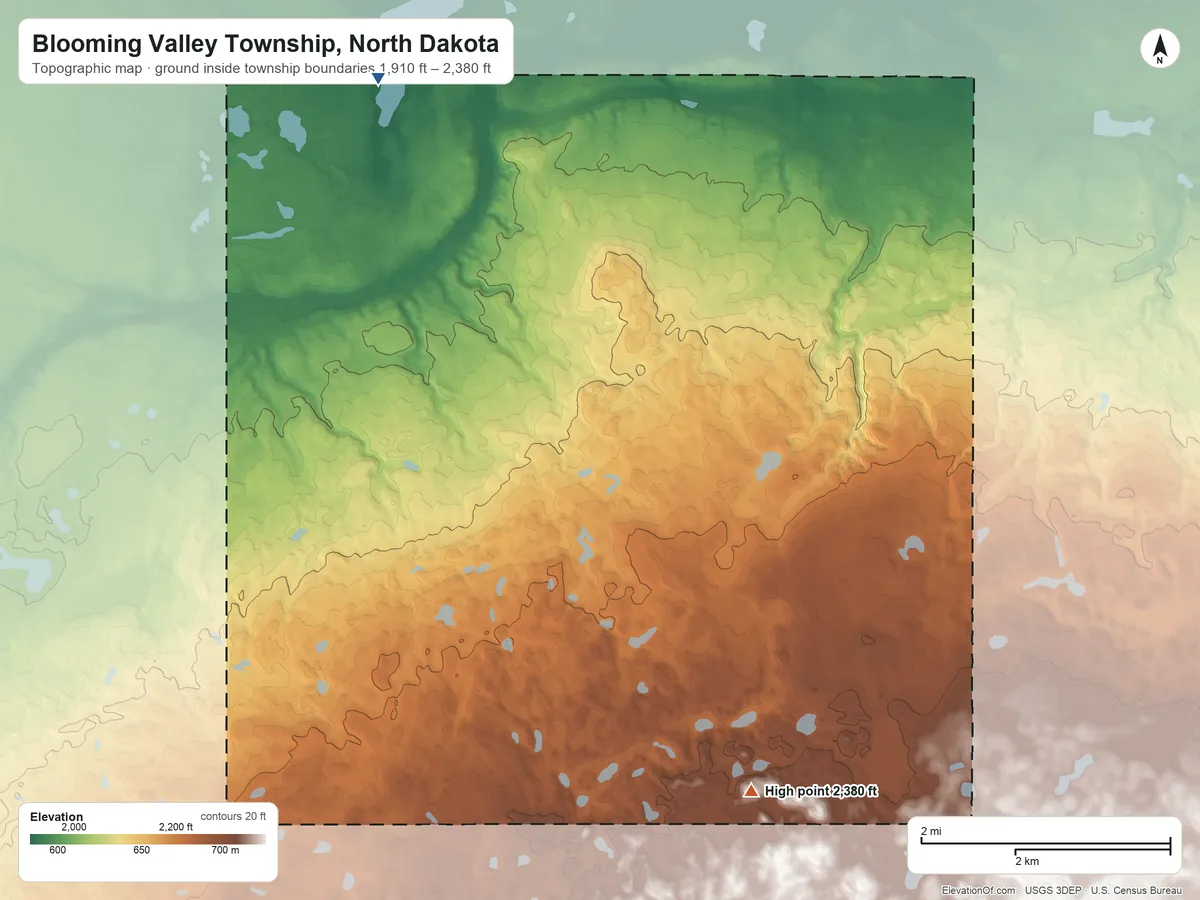 Topographic elevation map of Blooming Valley Township, North Dakota, shaded from 1,910 ft on the north side to 2,380 ft on the east side