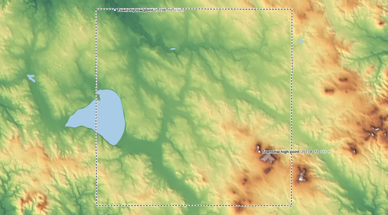 Topographic elevation map of Blue Butte Township, North Dakota, shaded from 2,190 ft on the northwest side to 2,770 ft on the south side