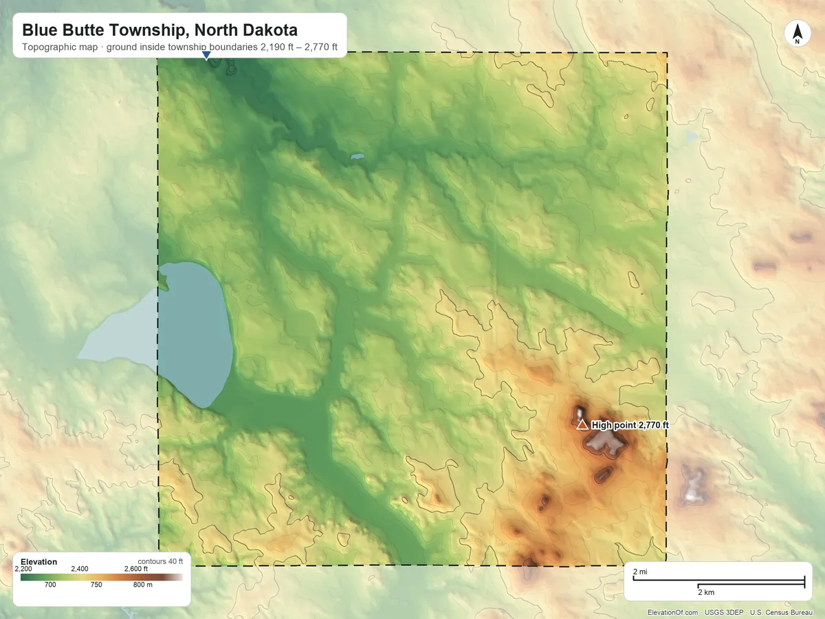 Topographic elevation map of Blue Butte Township, North Dakota, shaded from 2,190 ft on the northwest side to 2,770 ft on the south side