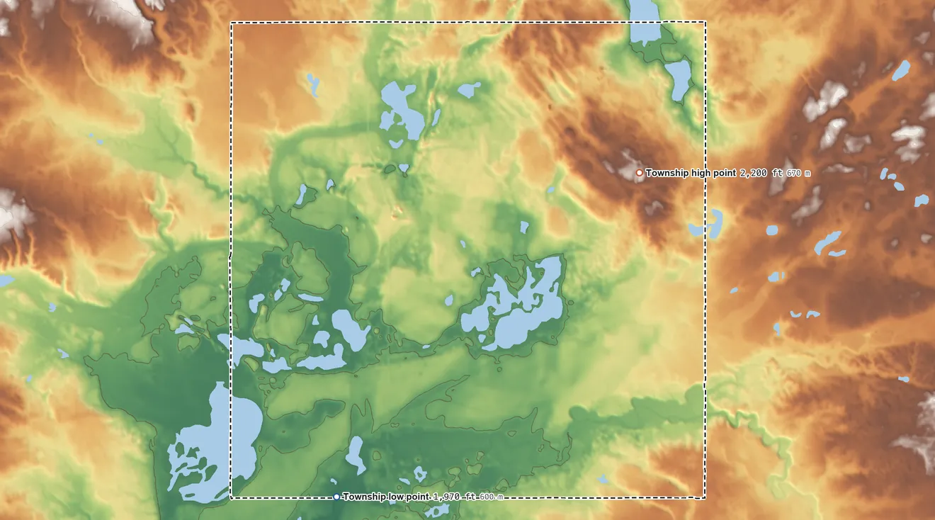 Topographic elevation map of Blue Ridge Township, North Dakota, shaded from 1,970 ft on the southwest side to 2,200 ft on the northeast side