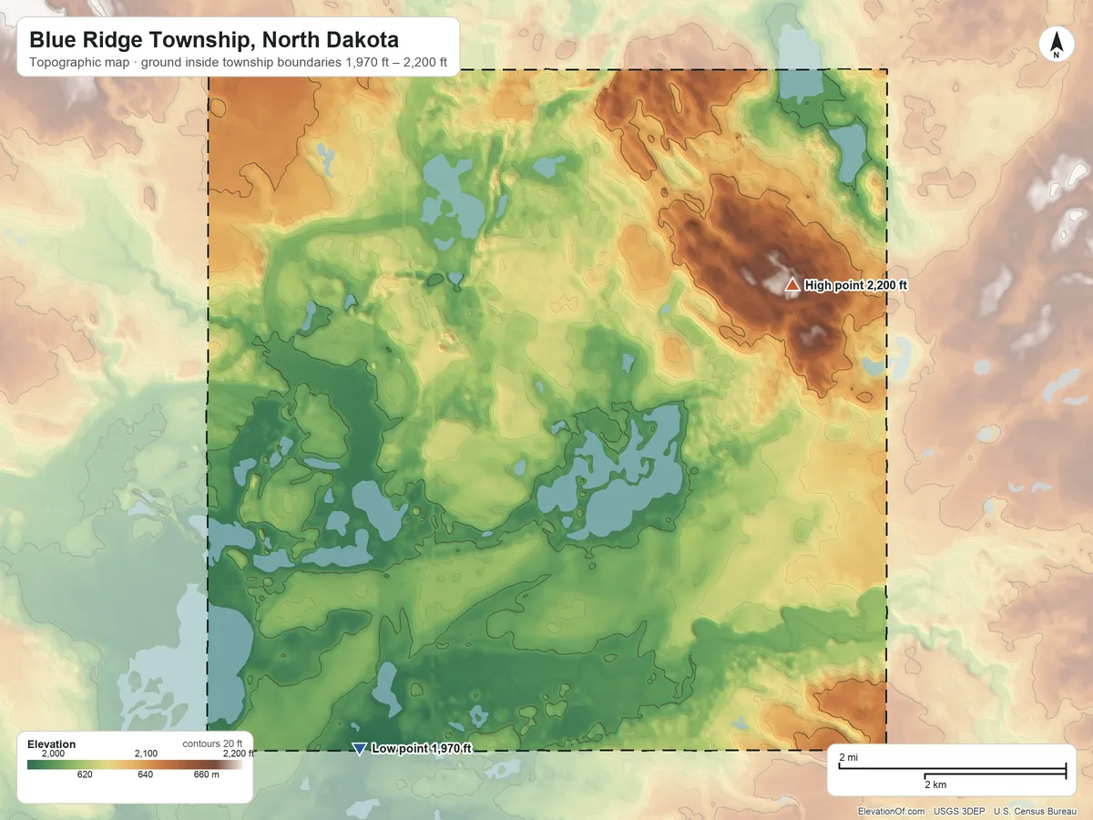 Topographic elevation map of Blue Ridge Township, North Dakota, shaded from 1,970 ft on the southwest side to 2,200 ft on the northeast side