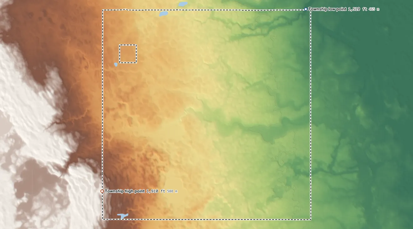 Topographic elevation map of Bluebird Township, North Dakota, shaded from 1,520 ft on the northeast side to 1,910 ft on the southwest side