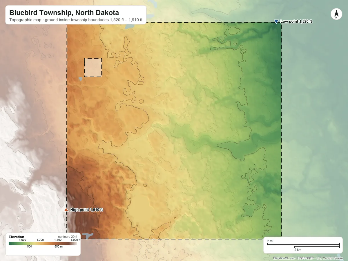 Topographic elevation map of Bluebird Township, North Dakota, shaded from 1,520 ft on the northeast side to 1,910 ft on the southwest side