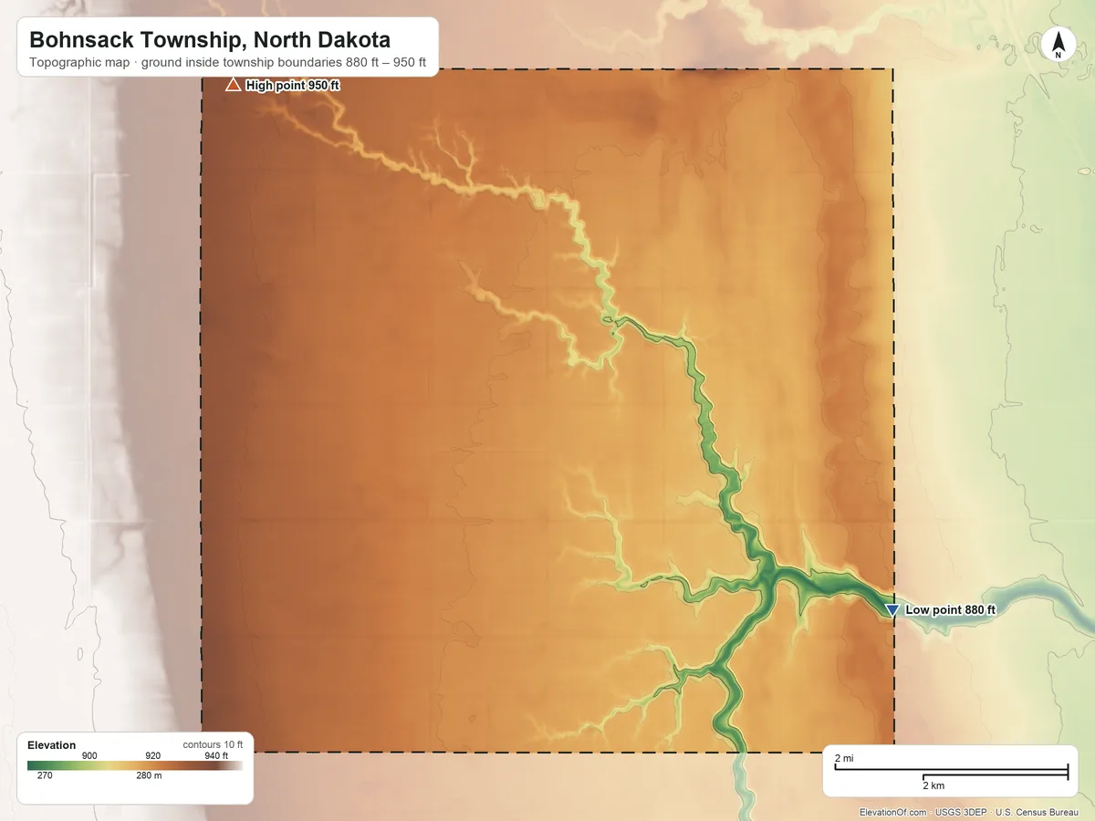 Topographic elevation map of Bohnsack Township, North Dakota, shaded from 880 ft on the southeast side to 950 ft on the northwest side