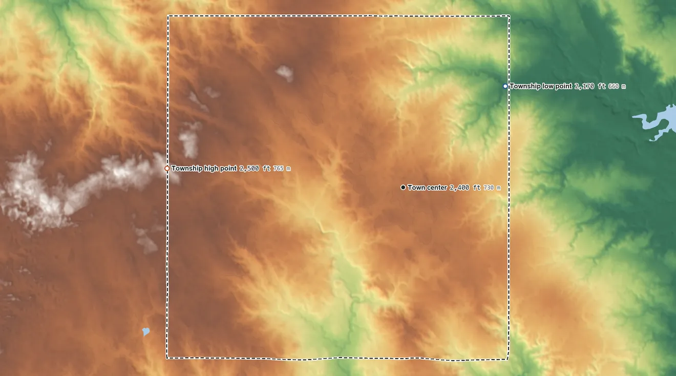 Topographic elevation map of Bonetraill Township, North Dakota, shaded from 2,170 ft on the northeast side to 2,500 ft on the west side
