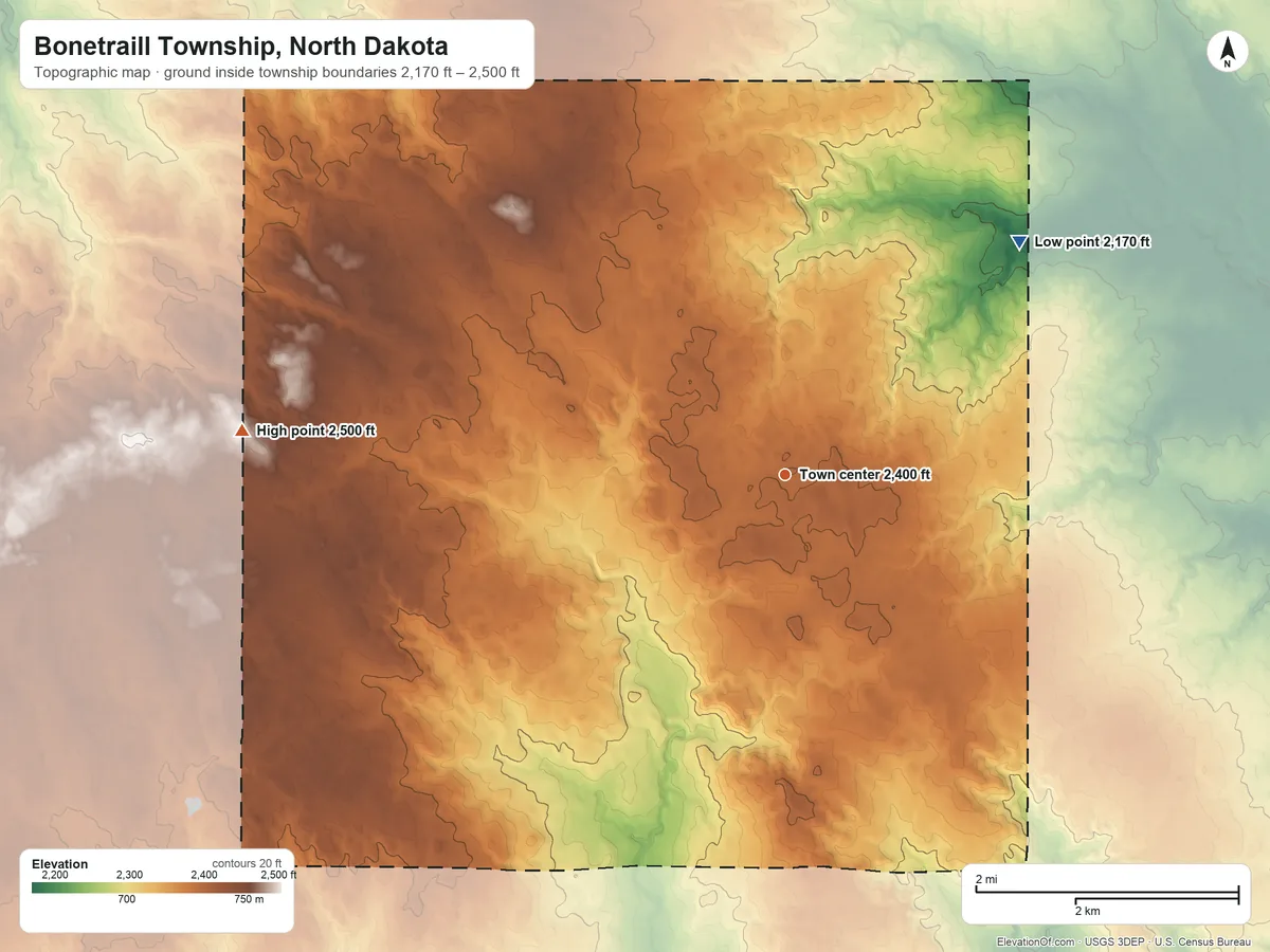 Topographic elevation map of Bonetraill Township, North Dakota, shaded from 2,170 ft on the northeast side to 2,500 ft on the west side