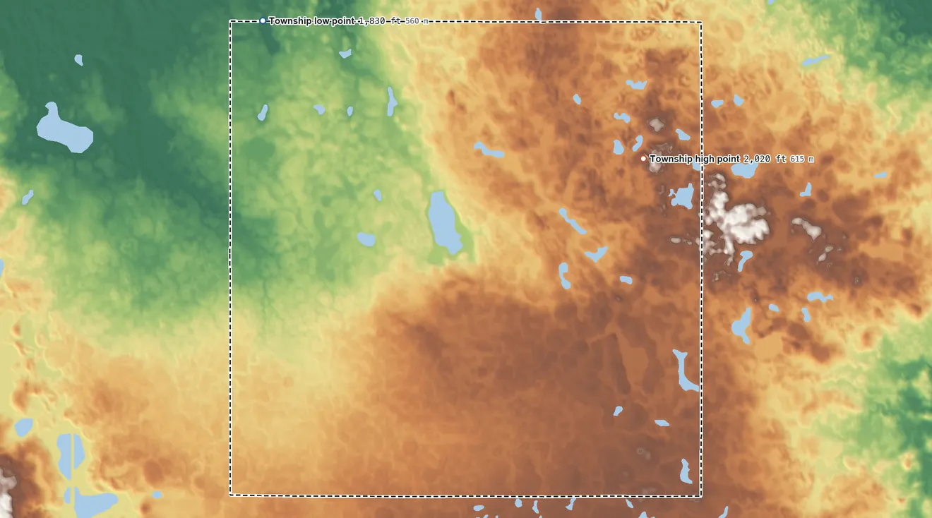 Topographic elevation map of Boone Township, North Dakota, shaded from 1,830 ft on the northwest side to 2,020 ft on the northeast side
