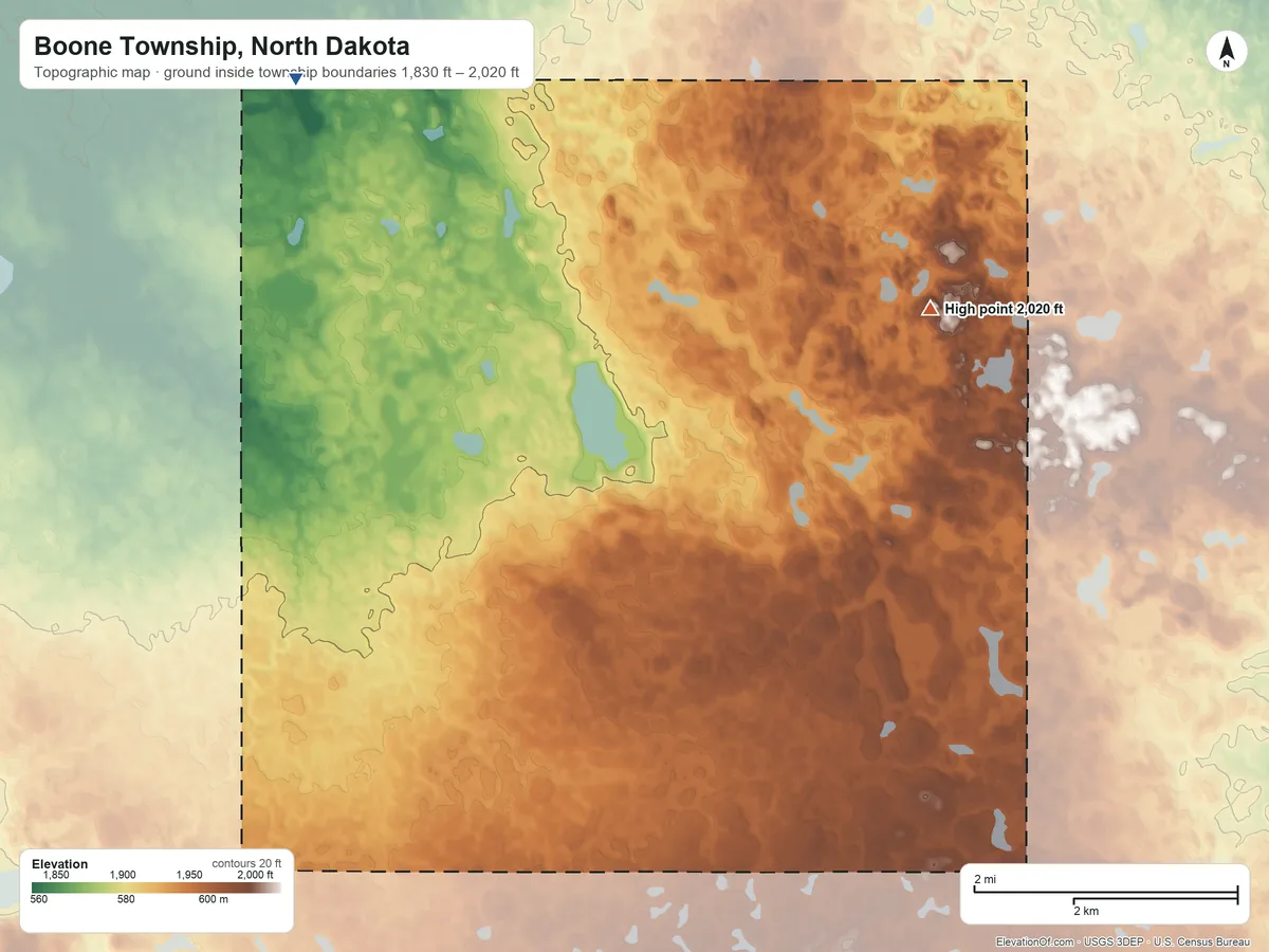 Topographic elevation map of Boone Township, North Dakota, shaded from 1,830 ft on the northwest side to 2,020 ft on the northeast side