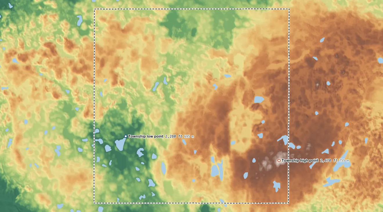 Topographic elevation map of Border Township, North Dakota, shaded from 2,280 ft on the northwest side to 2,470 ft on the east side