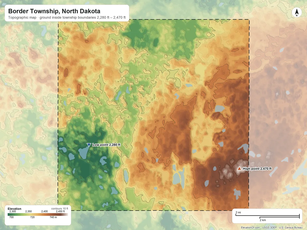 Topographic elevation map of Border Township, North Dakota, shaded from 2,280 ft on the northwest side to 2,470 ft on the east side