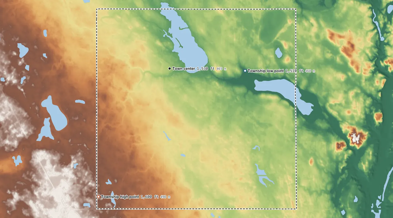 Topographic elevation map of Bordulac Township, North Dakota, shaded from 1,510 ft on the east side to 1,600 ft on the southwest side