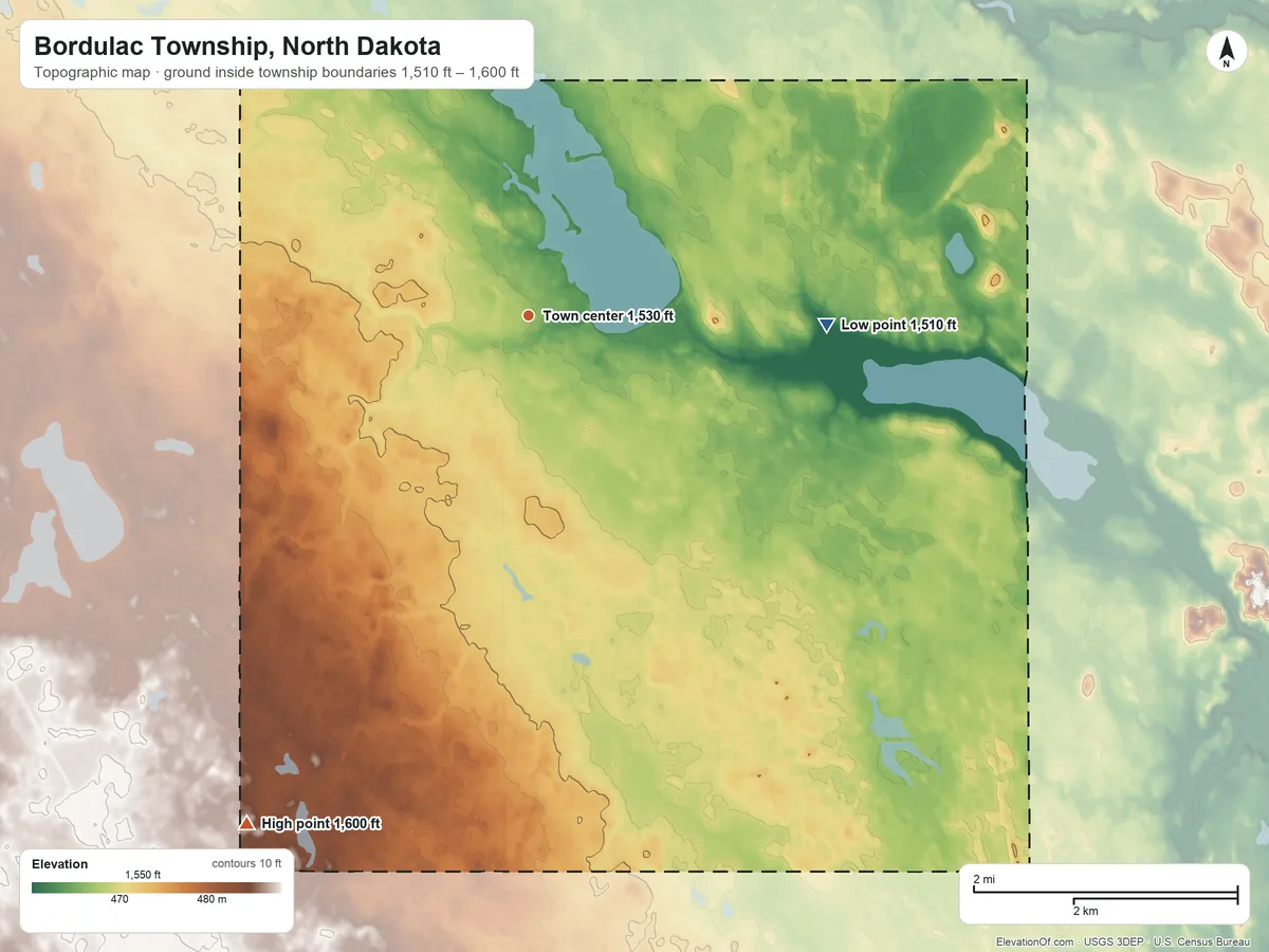 Topographic elevation map of Bordulac Township, North Dakota, shaded from 1,510 ft on the east side to 1,600 ft on the southwest side