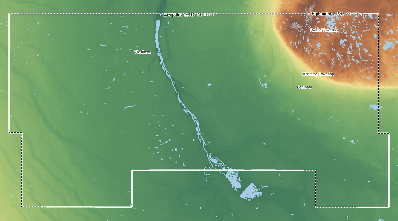 Topographic elevation map of Bottineau County, North Dakota, shaded from 1,410 ft on the north side to 2,542 ft on Boundary Butte